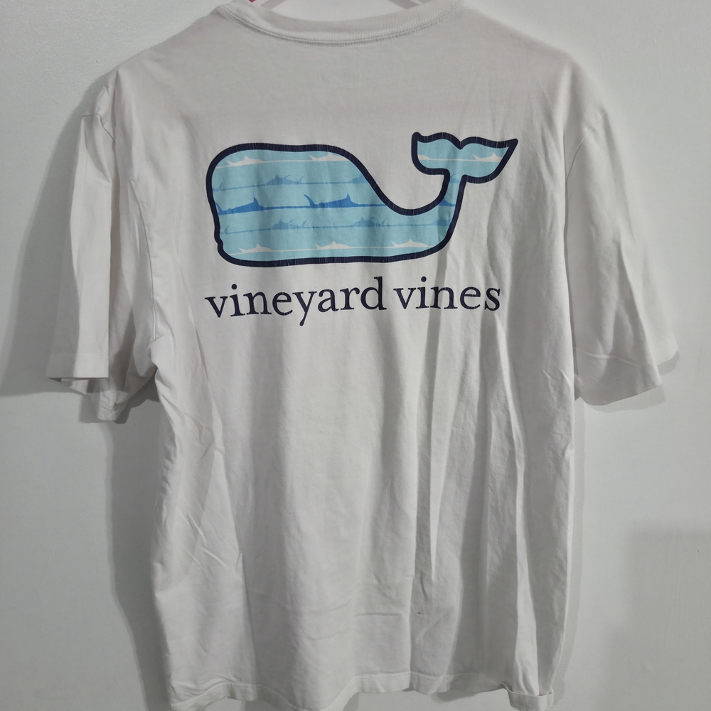 Vineyard Vines White Short Sleeve Tee with Blue Striped Whale Graphic
